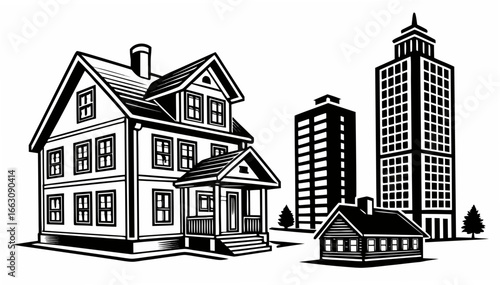 Black and white illustration of a suburban neighborhood with a large house small cottage and city skyscrapers in the background