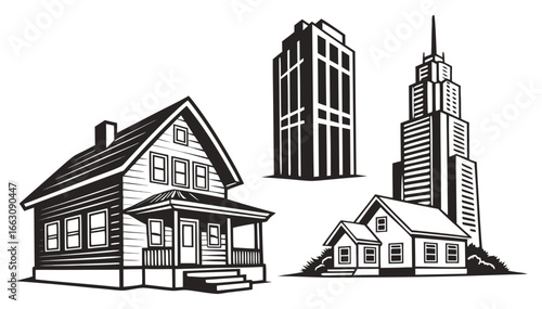 Diverse residential and commercial buildings including a classic american house a smaller cottage and two modern skyscrapers in black and white