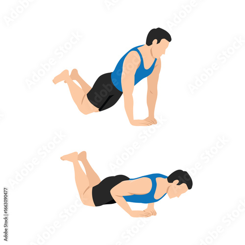 Man doing Knee Push Up Exercise. Flat vector illustration isolated on white background
