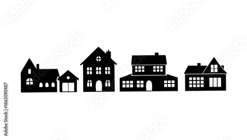 A minimalist black and white line art illustration of a row of identical houses with a single white line accentuating one of them