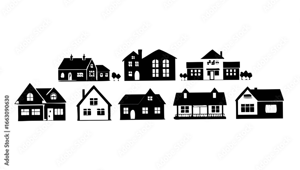 Fototapeta premium Abstract minimalist white line art on black background representing various geometric shapes and objects in a conceptual design