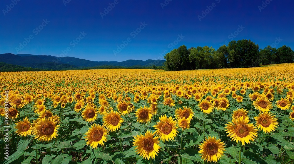 Obraz premium Large expanses of sunflowers blooming, and the flat backdrop creates an endless sea of flowers, capturing the beauty of nature, perfect for artistic or photographic backgrounds.
