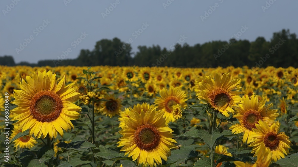 Fototapeta premium Large expanses of sunflowers blooming, and the flat backdrop creates an endless sea of flowers, capturing the beauty of nature, perfect for artistic or photographic backgrounds.