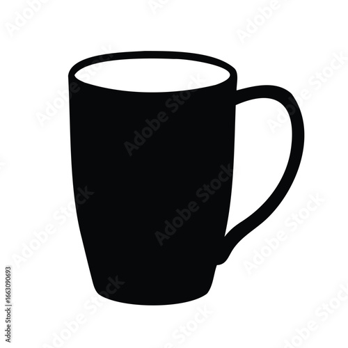 Black and white silhouette of a stylish coffee mug on white background
