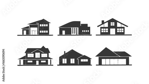 Collection of six distinct modern and traditional house silhouettes representing diverse architectural styles on a black background