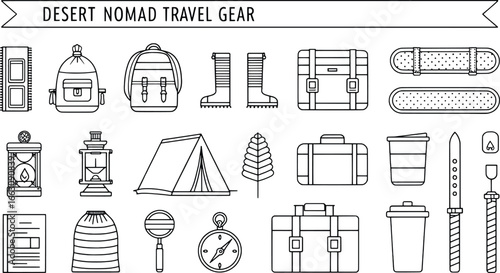 Desert nomad travel gear collection outline illustration