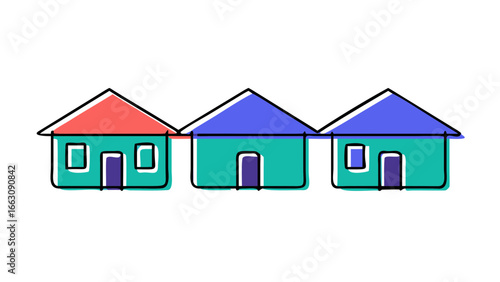 Simple hand drawn cartoon houses with colorful roofs and doors against a solid black background