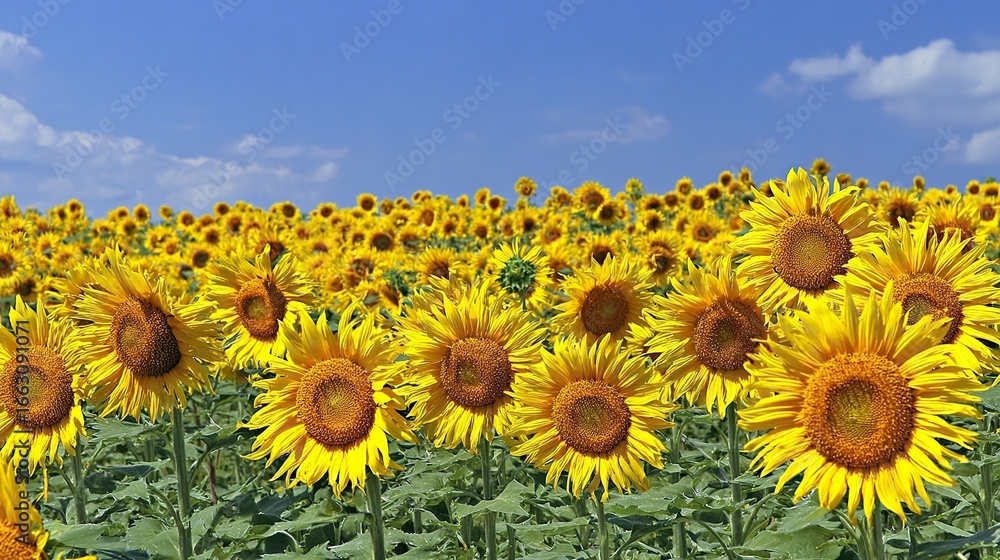 Fototapeta premium Large expanses of sunflowers blooming, and the flat backdrop creates an endless sea of flowers, capturing the beauty of nature, perfect for artistic or photographic backgrounds.