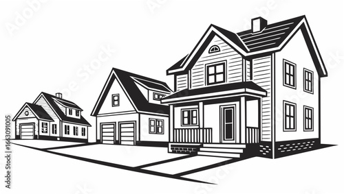 Black and white illustration of three diverse residential houses with garages and front porches on a white background