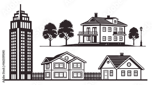 Collection of diverse architectural styles including a tall skyscraper and various residential houses with trees and streetlights