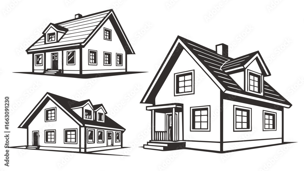Fototapeta premium Collection of three detailed black and white line art illustrations of traditional residential houses with dormer windows and chimneys