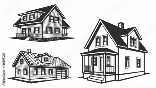 Collection of three black and white line art illustrations of traditional american style houses with porches and garages
