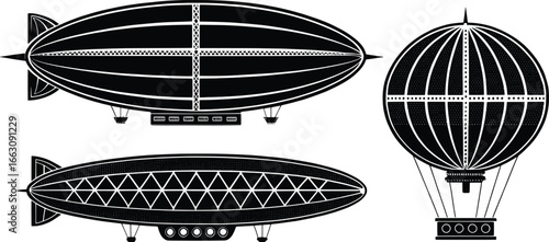 Vintage zeppelin and blimp illustrations in black and white