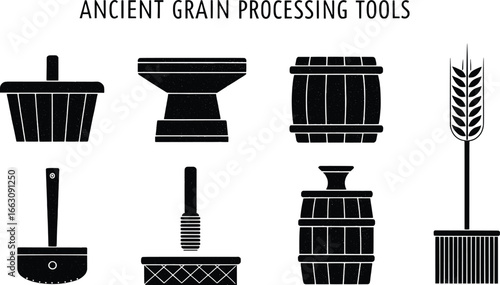 Collection of ancient grain processing tools and wheat stalks