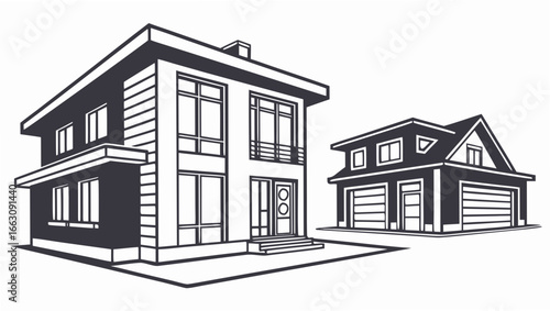 Modern architectural illustration of two detached houses with a garage rendered in a clean graphic black and white style