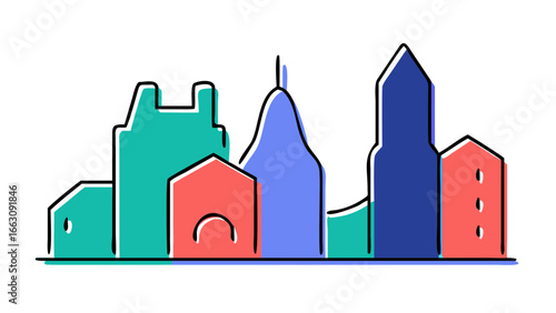 Abstract colorful cartoon cityscape with various buildings and skyscrapers against a black background