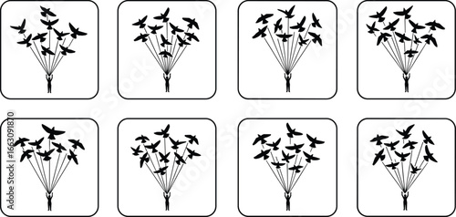 Creative silhouette birds flying together like balloons held by hand, minimalist vector illustration symbolizing freedom, unity, teamwork, and uplifting spirit"