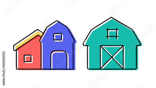 Colorful cartoon style illustration of three simple barns with black outlines on a black background