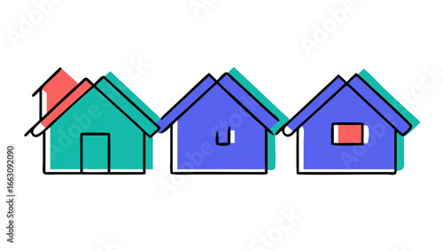 Simple cartoon illustration of three colorful houses with peaked roofs and minimal features against a black background