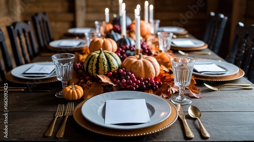 Elegant thanksgiving table setting with pumpkins, candles, and autumn foliage