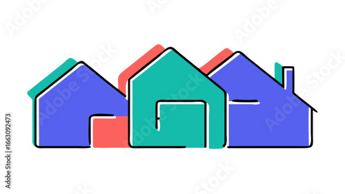 A stylized graphic illustration featuring three simple colorful houses with a modern minimalist design against a black background