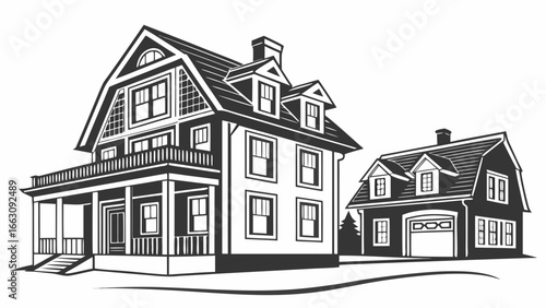 Classic american victorian style house with attached garage and a small evergreen tree in a stylized landscape