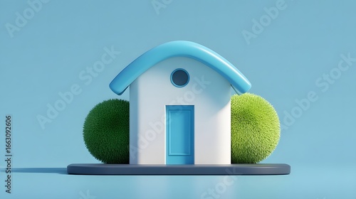Charming 3d cartoon house with green fluffy spheres on blue background