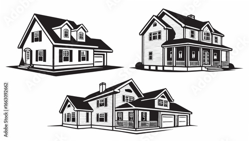 Collection of three distinct black and white vector illustrations of american style residential houses with architectural details