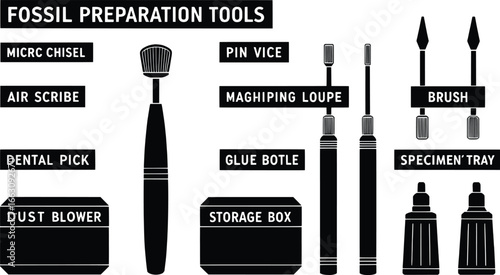 Collection of fossil preparation tools and equipment