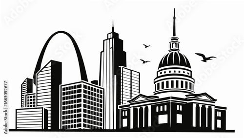 Iconic st louis skyline silhouette featuring gateway arch and old courthouse with flying birds