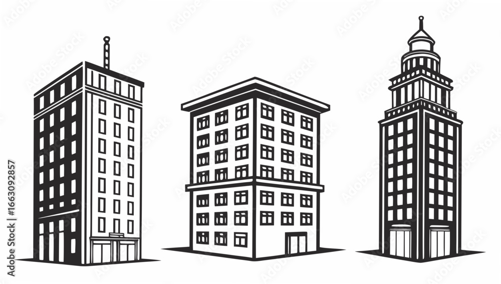 Fototapeta premium Three distinct black and white line art illustrations of classic urban buildings showcasing architectural styles and city skylines