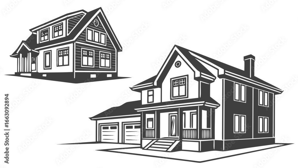 Fototapeta premium Two distinct architectural styles of residential houses presented in a clean graphic illustration with a white background