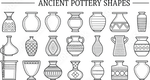 Collection of ancient pottery shapes and designs hand drawn illustration