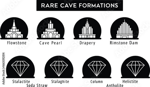 Collection of rare cave formations and diamond icons in silhouette style