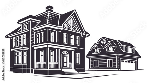 Stylized illustration of a classic victorian architectural style house with a detached garage featuring dormer windows on a white background