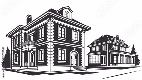 Two detailed black and white vector illustrations of classic american architectural style houses with architectural details and trees on a white background