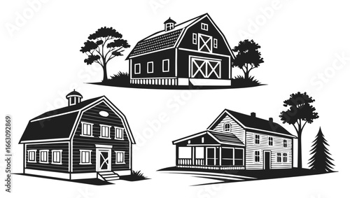 Three distinct black and white silhouette illustrations of traditional american farm buildings including barns and a farmhouse amidst trees