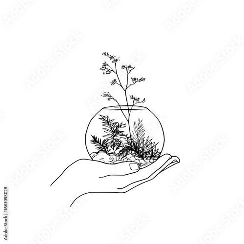Hand holding terrarium drawing vector illustration for nature lovers and plant enthusiasts design asset project