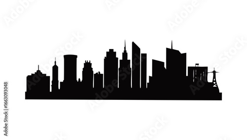 A stark black silhouette of a modern city skyline with various building heights against a solid black background