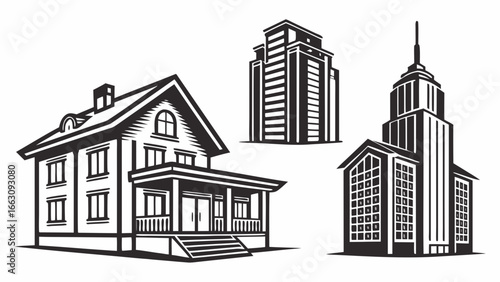 Black and white graphic illustration of a traditional house and two modern skyscrapers against a white background