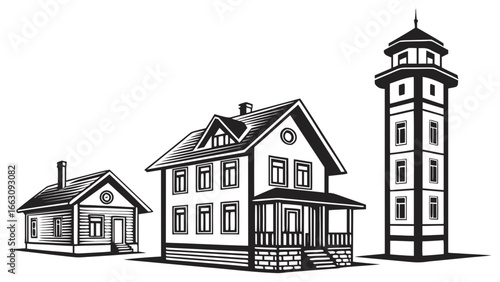 Black and white illustration of three distinct buildings including a small cabin a two story house and a tall tower on a white background