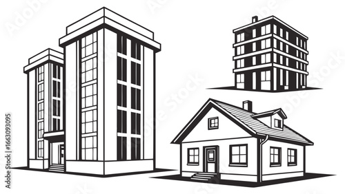 Black and white line art illustration showcasing a detached house and two modern apartment buildings against a white background