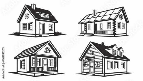 Collection of four distinct black and white vector illustrations of charming residential houses with unique architectural styles