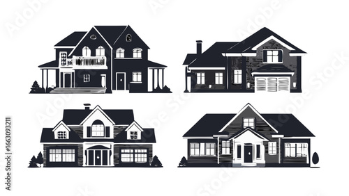 Collection of four diverse residential houses illustrated in a stylized dark gray and white palette against a black background