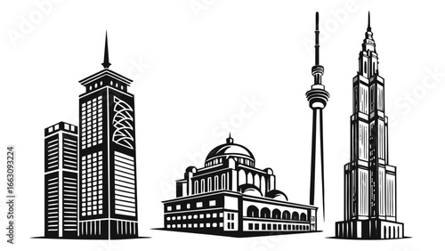 Collection of iconic architectural landmarks and modern skyscrapers in a stylized black and white graphic design