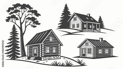 Collection of rustic log cabins nestled among pine trees and rolling hills in a charming woodland setting