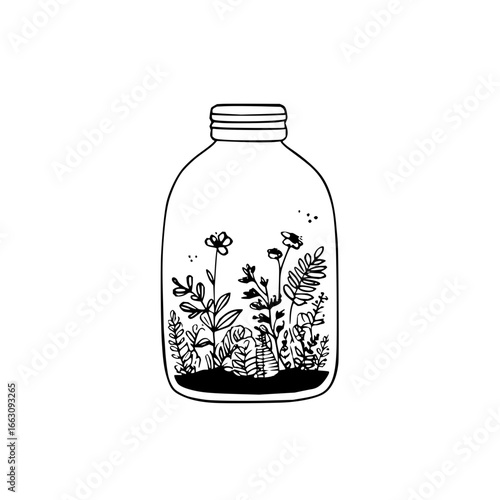 Botanical terrarium in glass jar illustration for diy projects and nature inspired home decor ideas