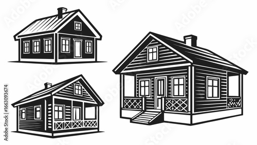Collection of three stylized black and white vector illustrations of traditional wooden houses with porches and chimneys