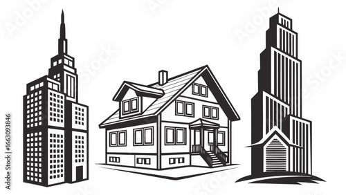 Stylized black and white illustration of a traditional house situated between two modern skyscrapers against a white background