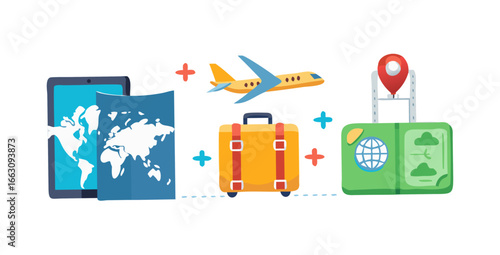 Travel and vacation concept with airplane suitcase passport map and location pin in a flat design style